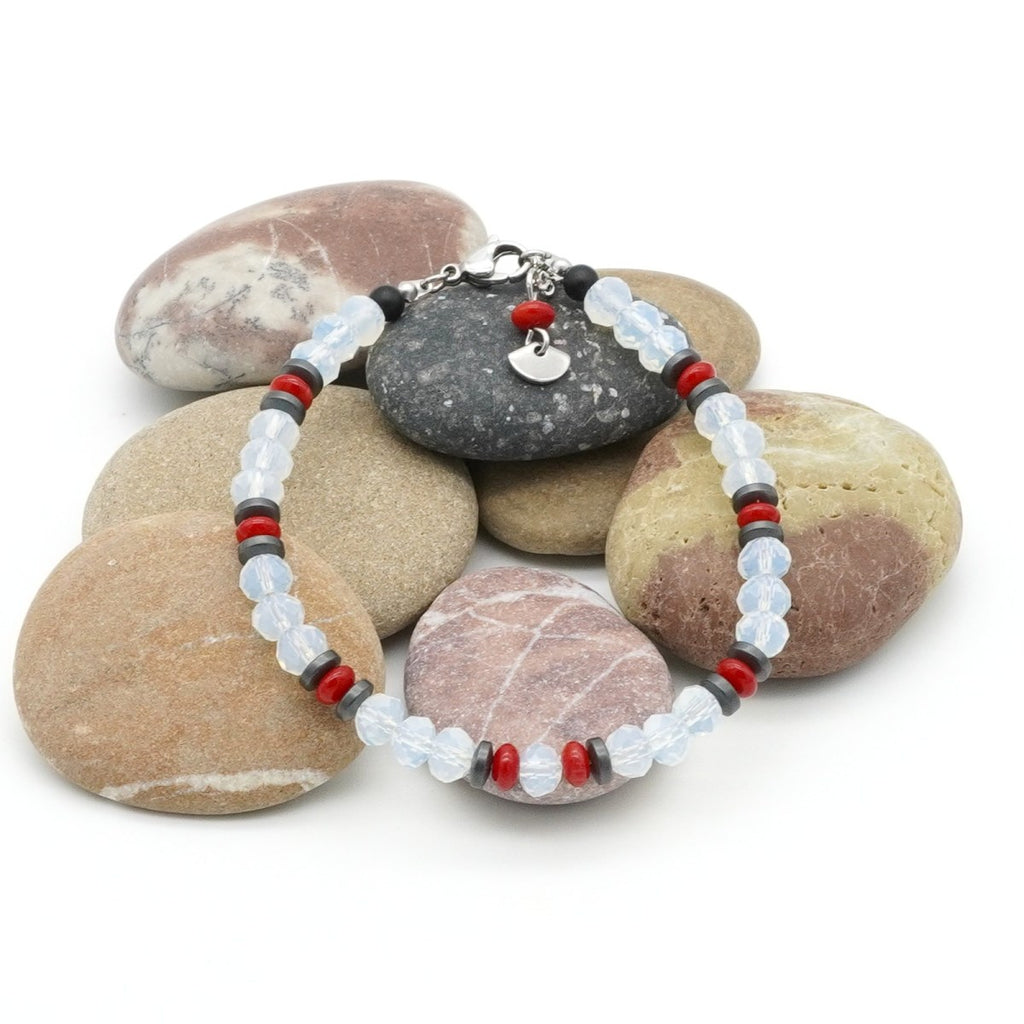 Armband Opalith Koralle Hämatit Edelstahl