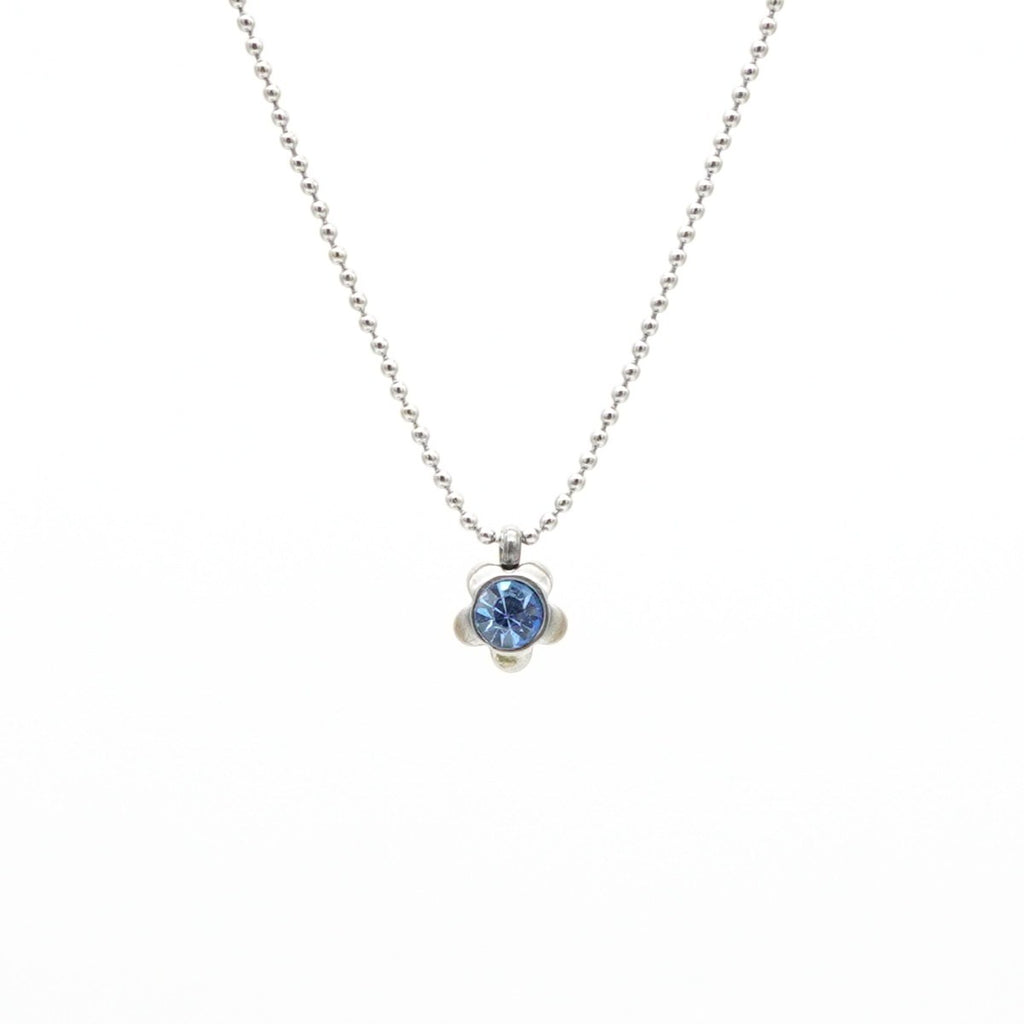 Edelstahl-Halskette mit Blumen-Anhänger & saphirblauem Kristallstein